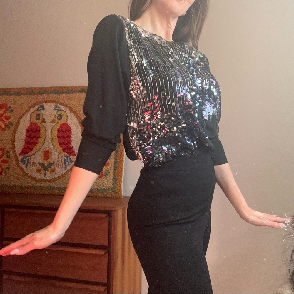 Vintage Sequin Embellished Black Silk Top Size Med/Large
